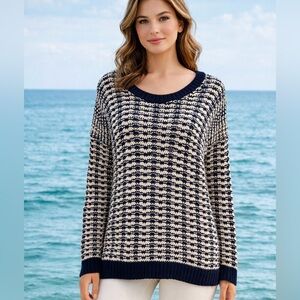 Vince Navy White Knit Chunky Scoop Neck Sweater SZ Medium Fisherman Coastal